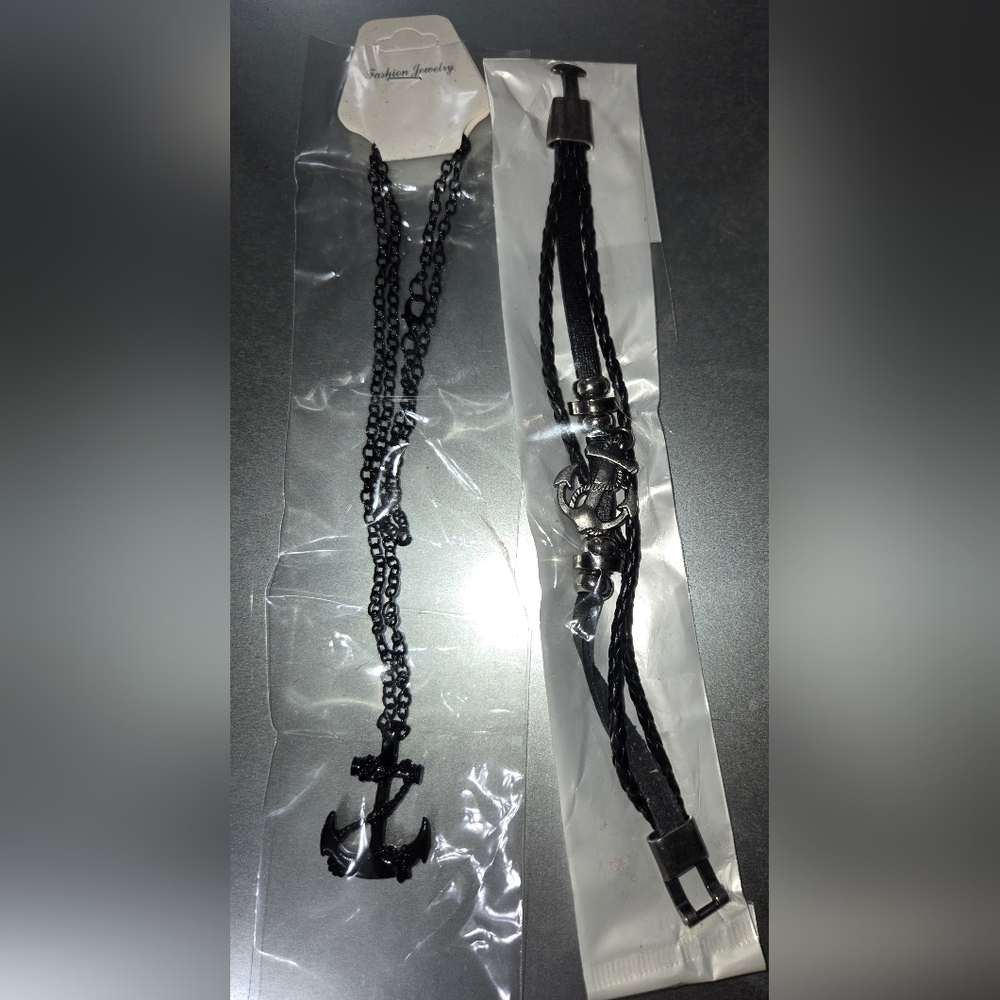 Black Anchor Nautical Necklace and Bracelet Set, New
